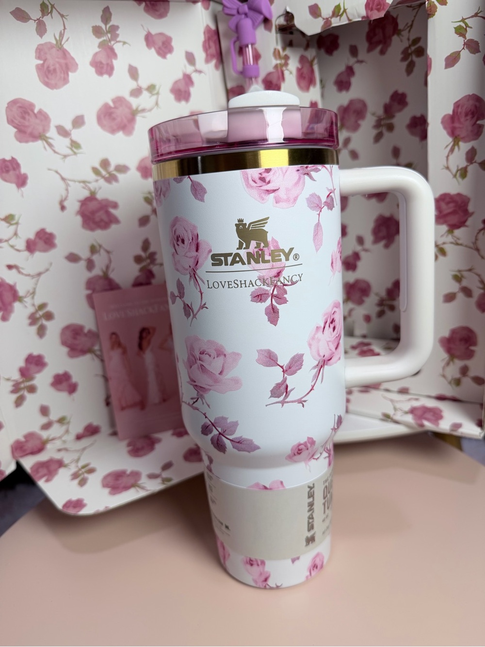 Stanley White & Pink Floral LoveShackFancy Travel Mug with Handle